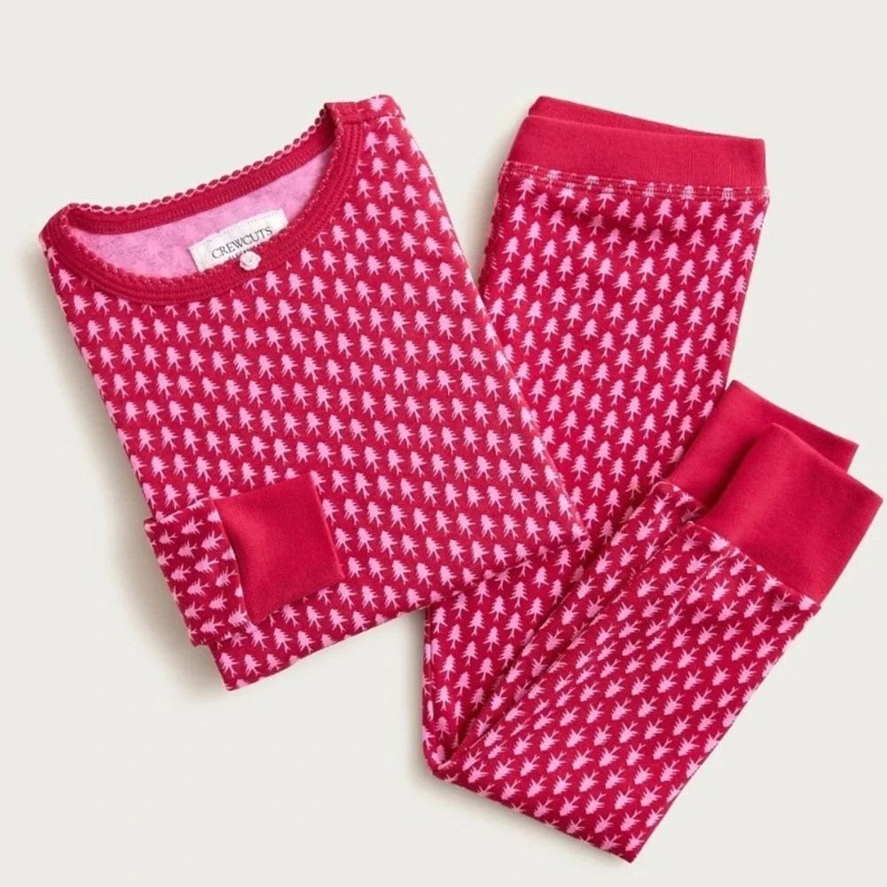 Crewcuts Red Pink Pine Tree Cotton Pajama Set‎ Size 14 Holiday Sleepwear NWOT